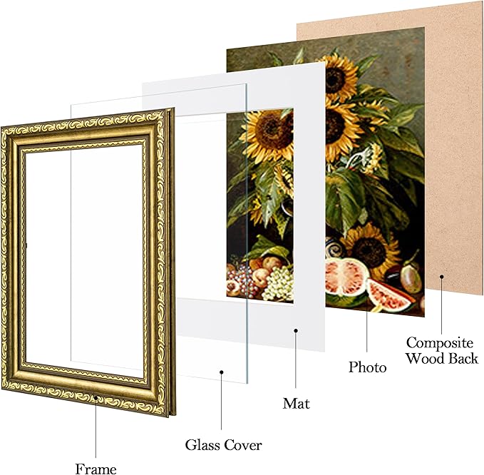 eletecpro 5x7 Picture Frames Set of 4, Vintage Gold Photo Frames with Glass, Displays 4x6 Photo with Mat or 5x7 without Mat for Tabletop or Wall Decor, Gold