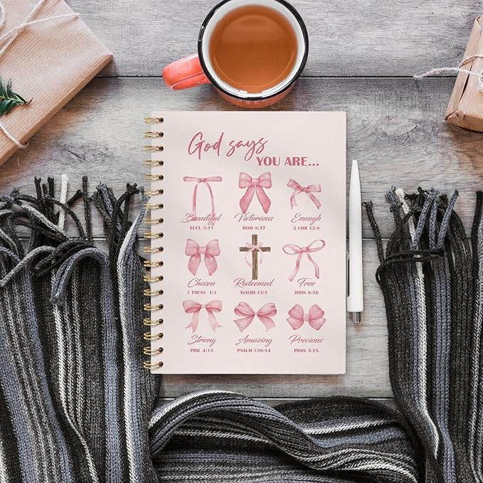 VONTP Coquette Pink Bow Christian Spiral Notebook, God Says You Are Bible Verse Inspirational Journal for Women, Preppy Pink Religious Scripture College Ruled Notebook Journal for Writing, 5.5x8.3