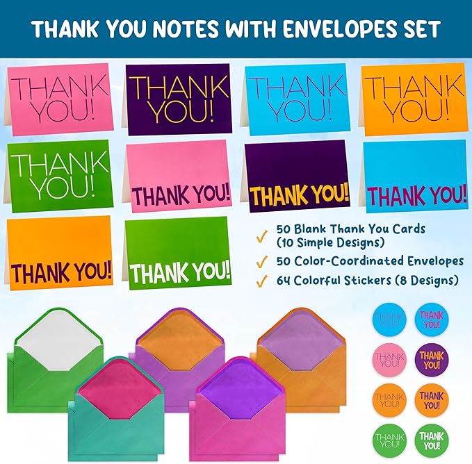 50 Pack Thank You Cards with Envelopes and Stickers, 4 x 6 Inch Blank Kids Thank You Notes | Appreciation Cards, Bulk Boxed Set for Students from Teachers, Birthdays, Small Business