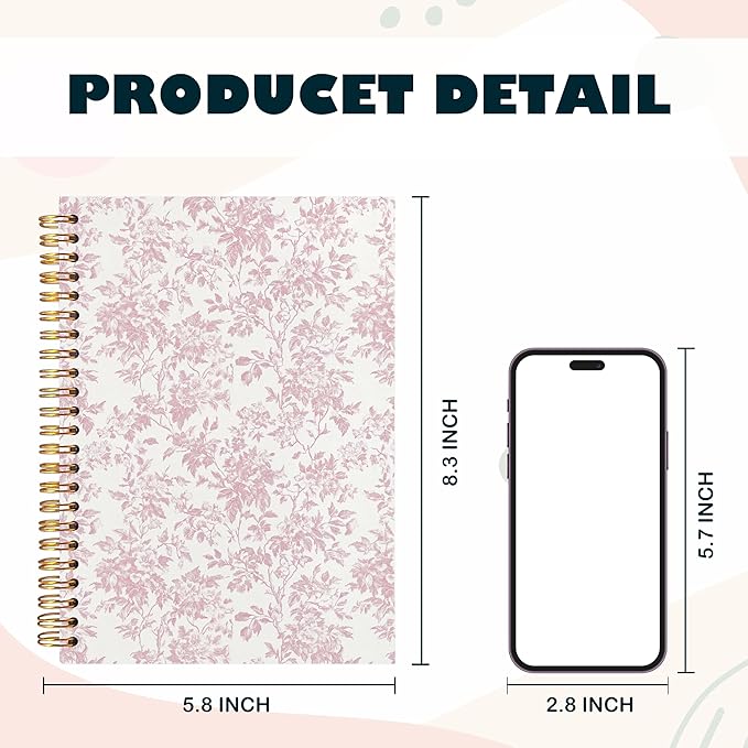 BearCake Pink Floral Chinoiserie Grandmillennial Notebook Journal,Aesthetic Notebook, Chinoiserie Journal,Notebooks for Work, Hardcover Spiral Notebook 5.5x8.3