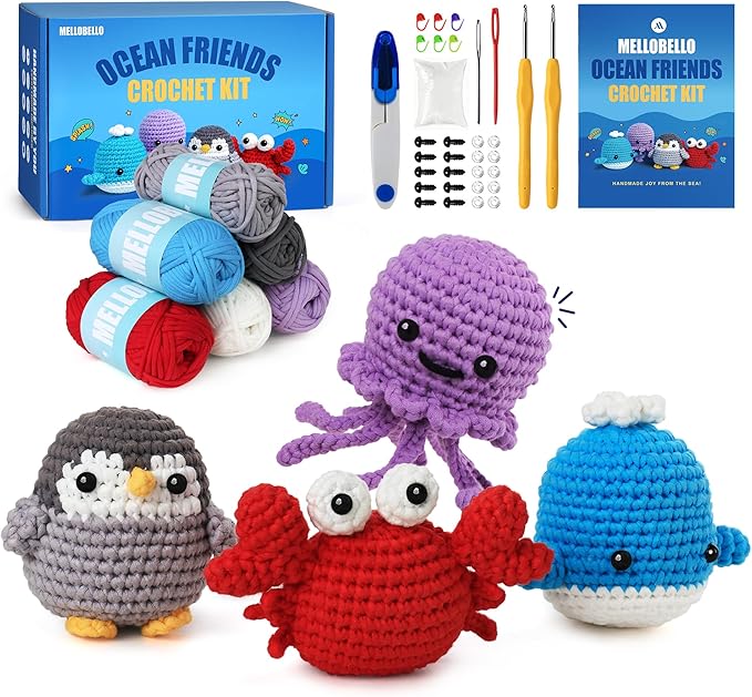 Crochet Kit for Beginners Kids - Beginner Crochet Kit for Adults Kids Amigurumi Crochet Animal Kits Easy Learn to Crochet Kit with Step-by-Step Tutorials Gift for Girl Women Kid - Ocean Friends