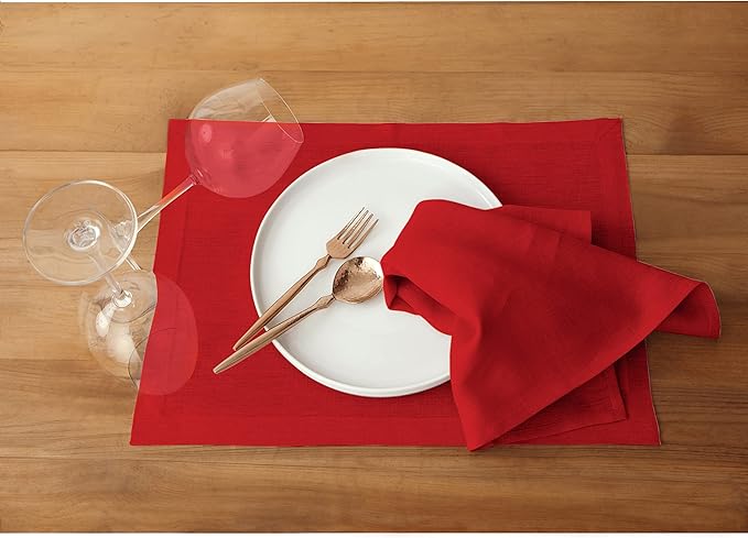Solino Home Linen Red Placemats Set of 6-100% Pure Linen Placemats 14 x 19 Inch for Valentines, Winter - Fete