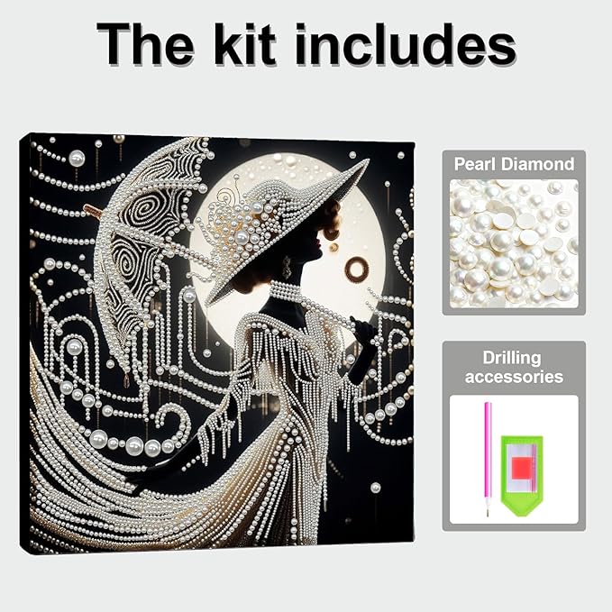 DIY Pearl Painting Kit with Wooden Frame, 3D Plastic Pearl Gemstone Ocean Art Craft for Adults Beginners, Diamond Art Kits for Adults, Home Wall Decor Ready Gift for Women(Umbrella Lady)(30 * 30cm)