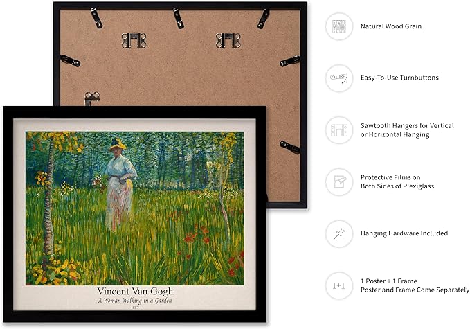 Monem Art Vintage Van Gogh Poster - Retro A Woman Walking In A Garden Print - Impressionism Art - Fine Art - Classic Painting Art - Floral Art - Bedroom or Office Decor - 11x14 Black Framed
