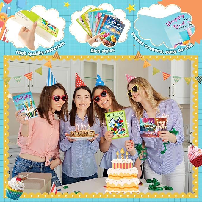 48 Pack Religious Christian Birthday Cards Bulk with Scripture Assorted Bible Verse 4.5 x 6.2 Inch Christian Blessings Birthday Greeting Cards with Envelopes and Stickers (Bright Style)