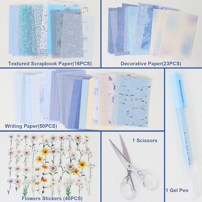 Koqye 131PCS Aesthetic Scrapbook Paper Pack, Junk Journal Supplies Starter Kit with Floral Stickers, Scissors, Quick Dry Glue Pen, Scrapbook Kit for Planner DIY Arts Craft Collage (Coastal Tide)