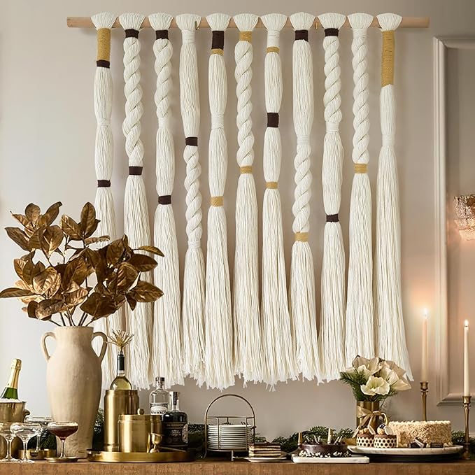 Flber Macrame Wall Hanging Woven Knot and Tassel Fringe Handmade Boho Wall Art for Bedroom, Living Room, or Entryway Decor 27" W x 29" L