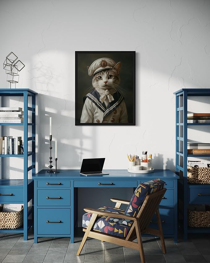 Sailor Cat Art Poster Print, Cat Kitten Painting Humor Portrait Pet Artwork Decor Gallery A8 (Sailor, 16 x 20 inches, Unframed)