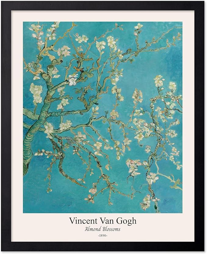 Monem Art Vintage Van Gogh Poster - Retro Almond Blossoms Print - Impressionism Art - Fine Art - Classic Painting Art - Flower Art - Floral Bedroom or Office Wall Decor - 16x20 Black Framed