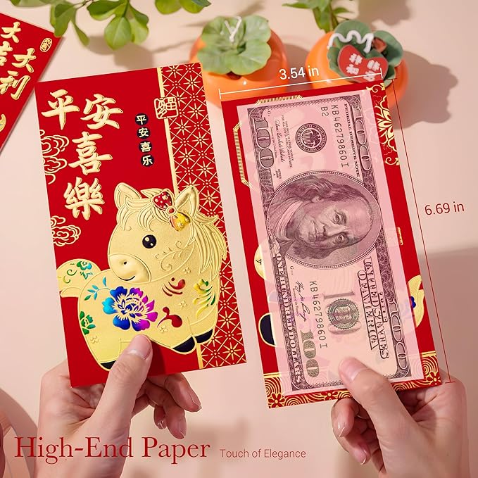 36pcs Red Envelopes Chinese New Year, Chinese Traditional Lucky Money Hong Bao Red Envelope Pockets for 2026 Spring Festival, Lunar New Year, 6 Cartoon Horse Designs,L