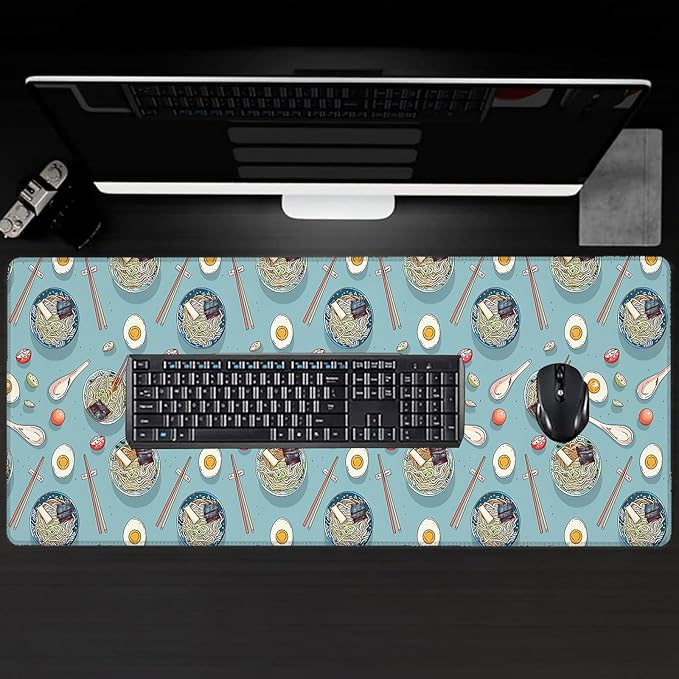 Ramen Large Gaming Desk Mat,Rubber Non-Slip Fun Food Noodle Bowl Chopstick Mouse Pad,31.5x11.8x0.12in Extended Asian Cuisine Mousepad,Game Lover Mice Pads Gifts,Office Home Deskmat Decor