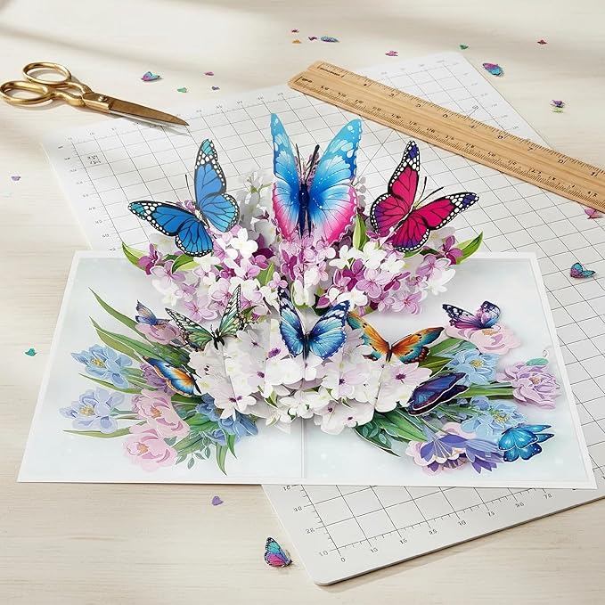 Butterflies with Flowers 3D Pop-Up Greeting Card Handmade Paper Floral Notecard, Pop Up Cards for Birthday, Thank You, Get Well, Anniversary, Valentine, Christmas, Gifts for Women, Mom, Wife