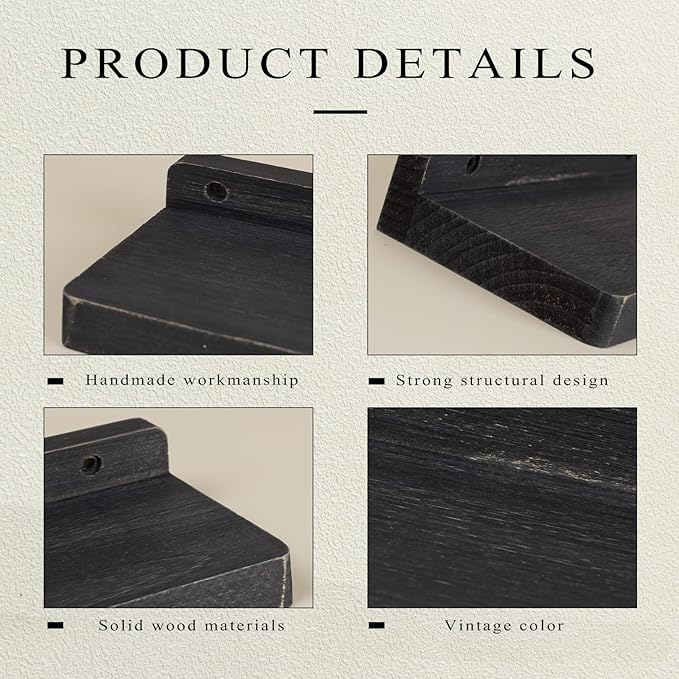 Freezing point Small Floating Shelf for Wall Set of 2 Natural Wood 4Inch Mini Wall Shelves Decor Plant Display Collectibles Mounted Kitchen Bathroom Bedroom Corner Decorative Storage Tiny Stand Black