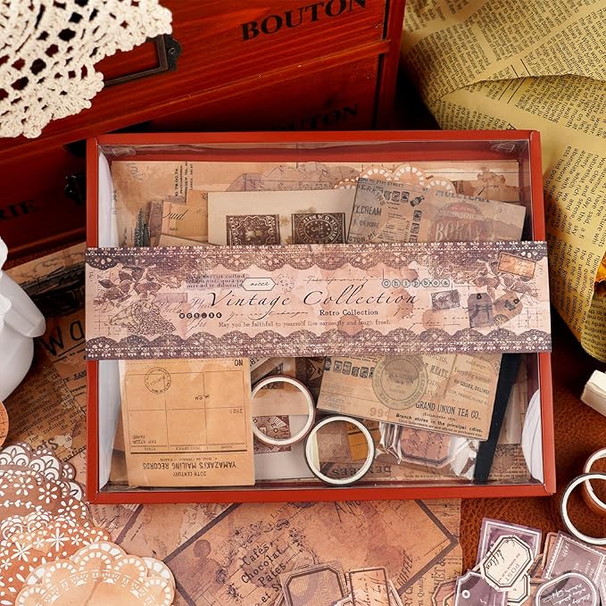 Funto Scrapbooking Kit (202 PCS), Vintage Collection-Retro Travel, Perfect for Bullet Scrapbooking Materials, Planner DIY Arts Craft Collage