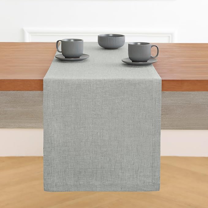 Solino Home Linen Table Runner 120 Inches Long - Athena, 100% Pure Linen Chambray Grey Table Runner 14 x 120 Inch for Dining