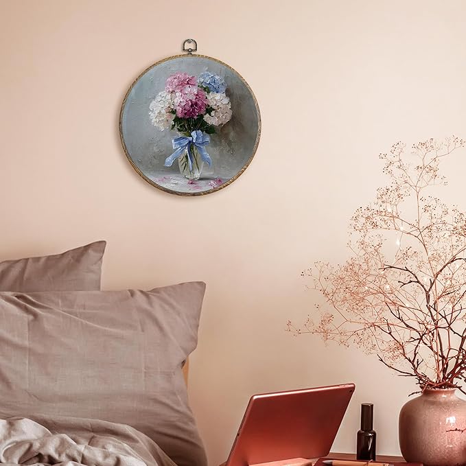 FUGWN Vintage Hydrangea Floral Round Wall Art Decor Framed, Cottagecore Floral Canvas Artwork Prints, Rustic Blue Pink White Flower Wall Hanging Decorations for Home Bedroom Living Room, 10x10 Inch