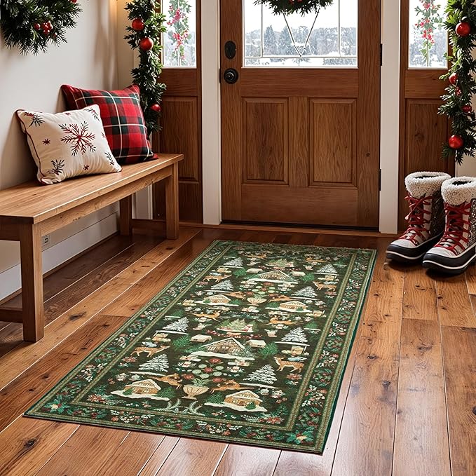 jinchan Christmas Rug 3x5 for Entryway Kitchen Green Holiday Rug for Bedroom Christmas Tree and Cabin Printed Xmas Decor for Living Room Bathroom Washable Non Slip Decorative Floor Carpet
