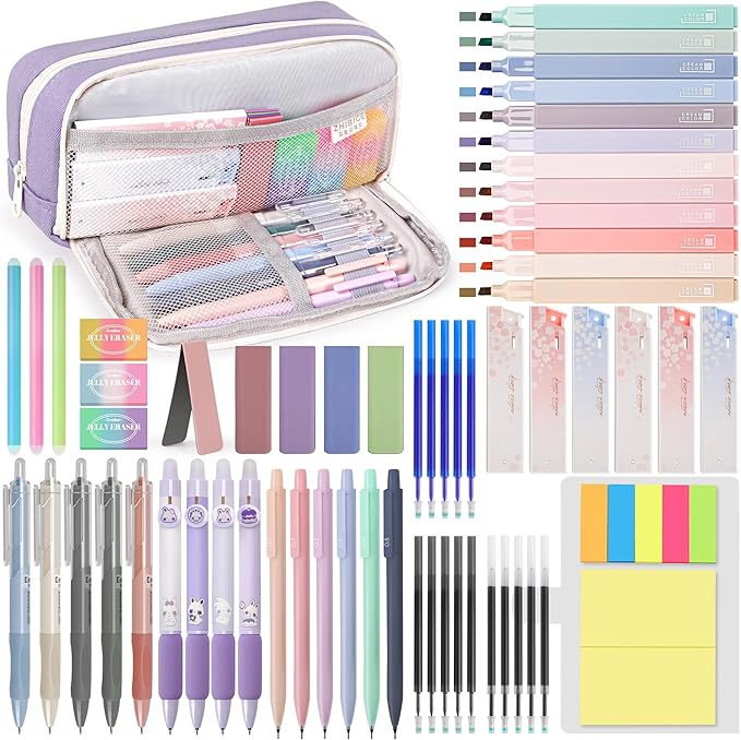 61 PCS Aesthetic School Supplies with Cute Pen Case, Pastel Highlighters, Gel & Erasable Pens, Mechanical Pencils, Refills, Complete Essentials Stationery Kit for Students (Purple)