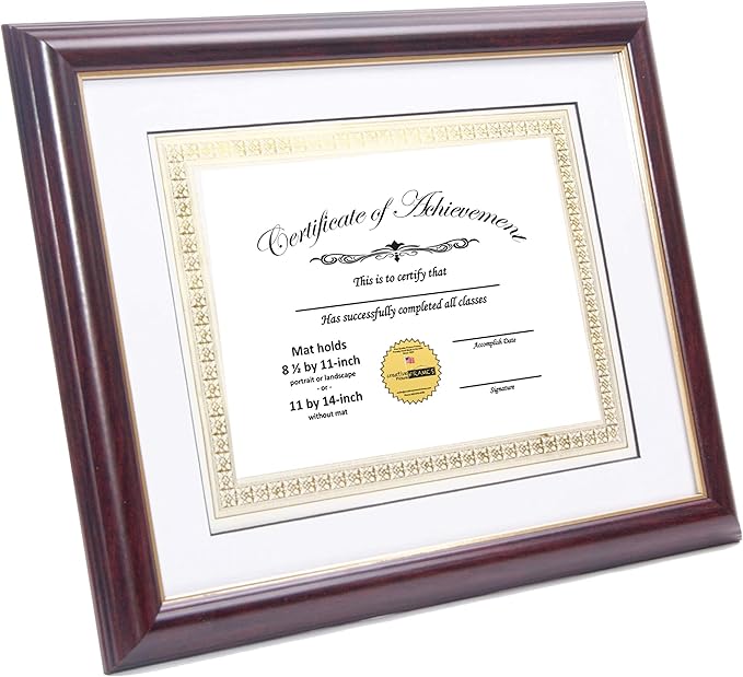Creative Picture Frames 11x15 Mahogany Gold Rim Diploma Frame with White Mat Glass and Installed Wall Hangers | Frame Holds 16x20 Media without Mat