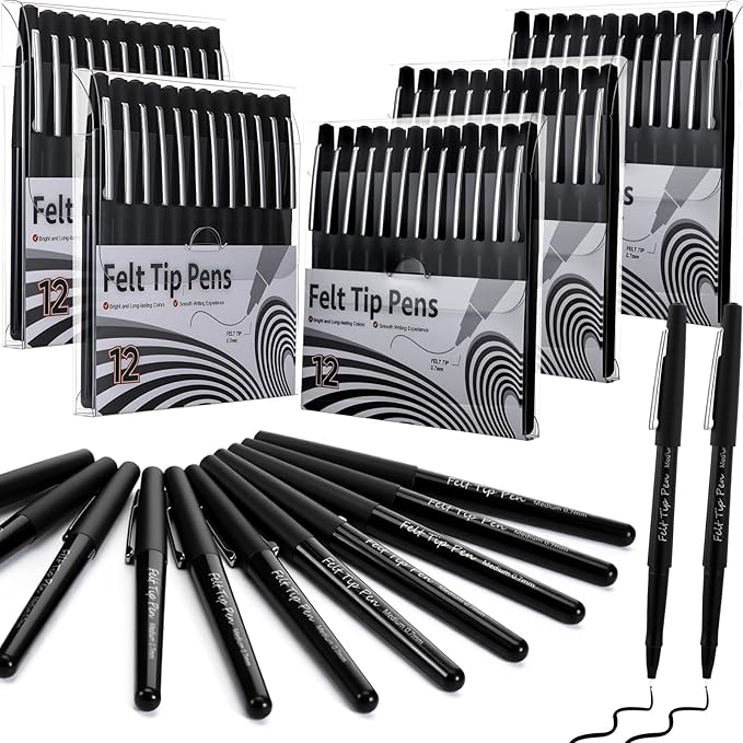 60 Pcs Black Felt Tip Pens 0.7mm Medium Point Pens Bulk, Felt Tip Markers for Journaling, Writing, Note Taking, Planner, Ideal for Office School Art Supplies Gift
