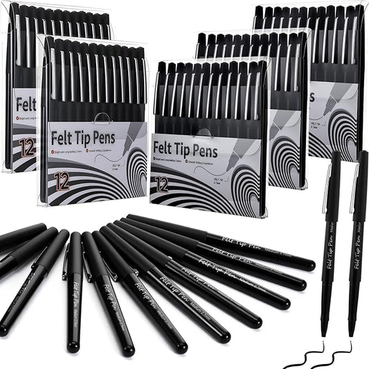 60 Pcs Black Felt Tip Pens 0.7mm Medium Point Pens Bulk, Felt Tip Markers for Journaling, Writing, Note Taking, Planner, Ideal for Office School Art Supplies Gift