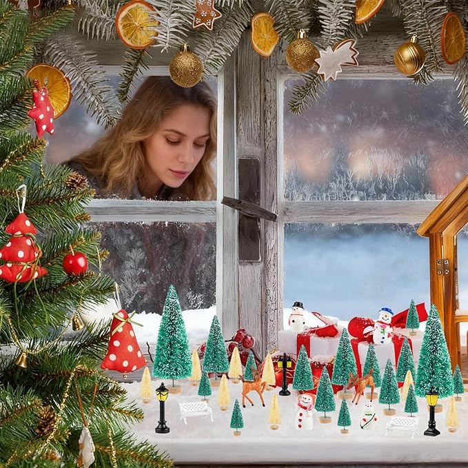 PLULON 33Pcs Christmas Village Accessories for Crafts Mini Christmas Trees Xmas Figurines Ornaments Bottle Brush Trees Snowman Deer Micro Landscape for Winter Holiday Home Party Decorations