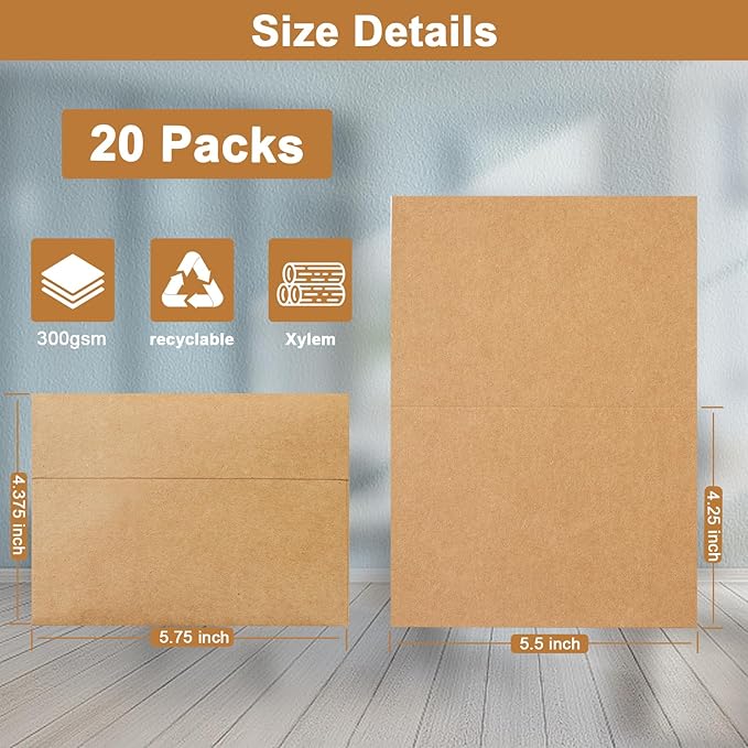 Brown Blank Cards and Envelopes 4.25 x 5.5 Heavyweight Folded Cardstock and A2 Envelopes Printable Self Seal 20 Packs for Wedding Invitations, Baby Showers, Greeting Cards, Birthday
