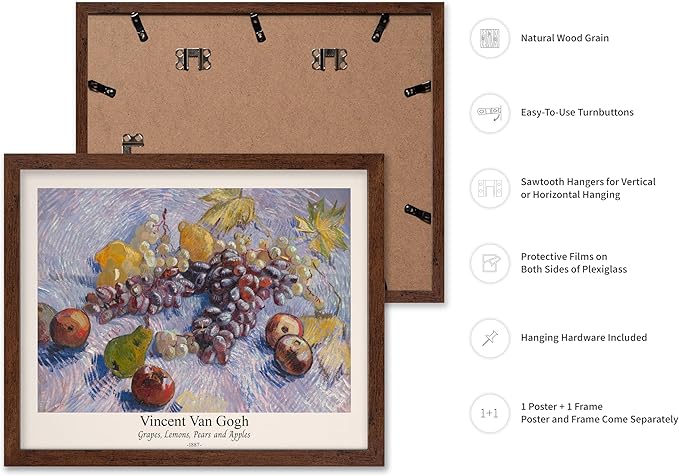 Monem Art Vintage Van Gogh Poster - Retro Grapes Lemons Pears and Apples Print - Impressionism Art - Fruit Art - Fine Art - Classic Painting Art - Great Kitchen Decor - 8x10 Brown Framed