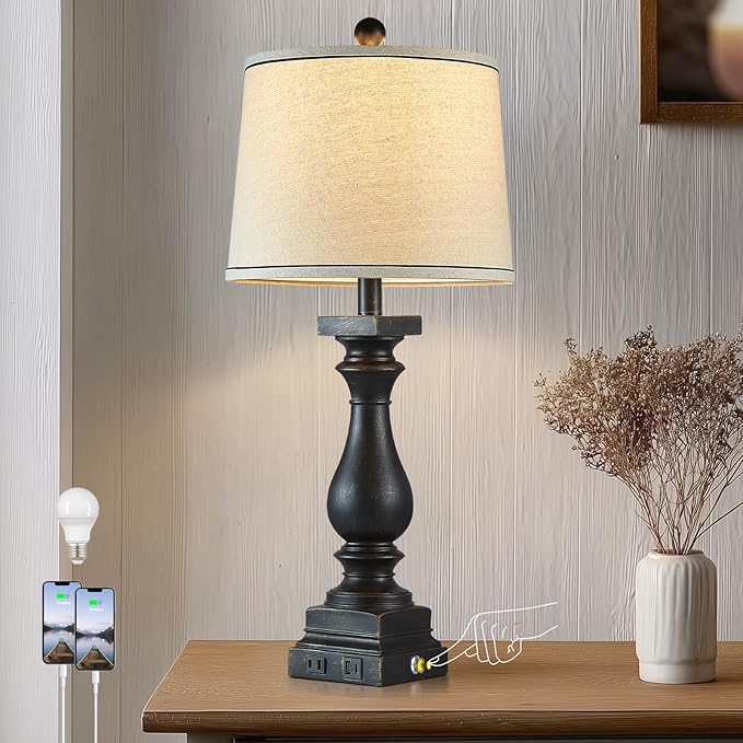 28" Tall Farmhouse Table Lamps with USB C+A Ports and AC Outlet, 3 Way Touch Control Rustic Bedside Lamps for Bedroom, Black Vintage Nightstand Lamps for Living Room Office