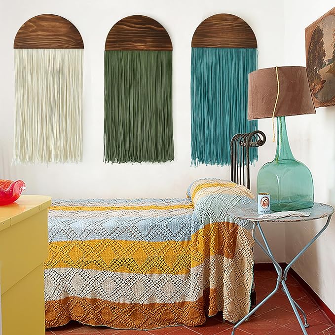 Macrame Wall Hanging Boho Wal Decor 3 Pcs Multicolor Combination Fiber Art Boho Home Decor Fringe Art for Living Room Bedroom or Office Modern Minimalist Wall Decoration 13.7" W x 30" L