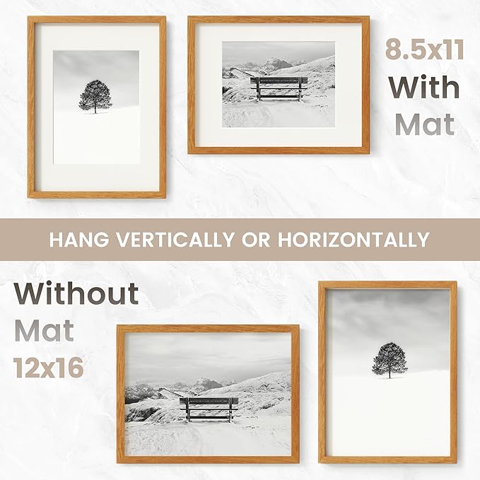 12x16 Picture Frame, USA-Sourced Natural Teak Wood Photo Collage Frame with HD Tempered Glass, Modern Simple 12 x 16 Wooden Frame Matted to 8.5x11, Vertical & Horizontal Wall Hanging Display