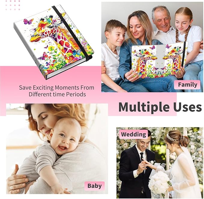 Photo Album 4x6-120 Photos Capacity,PU Leather Cover with Elastic Band,High Definition Waterproof PP Pages for Family Wedding Anniversary Baby Record,Colorful Giraffe