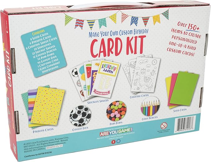 AreYouGame.com Make Your Own Custom Birthday Card Kit DIY Craft Kit for Ages 6+ | Includes 100+ Pieces: Cards, Stickers, Pom Poms | Create Personalized Birthday Greetings