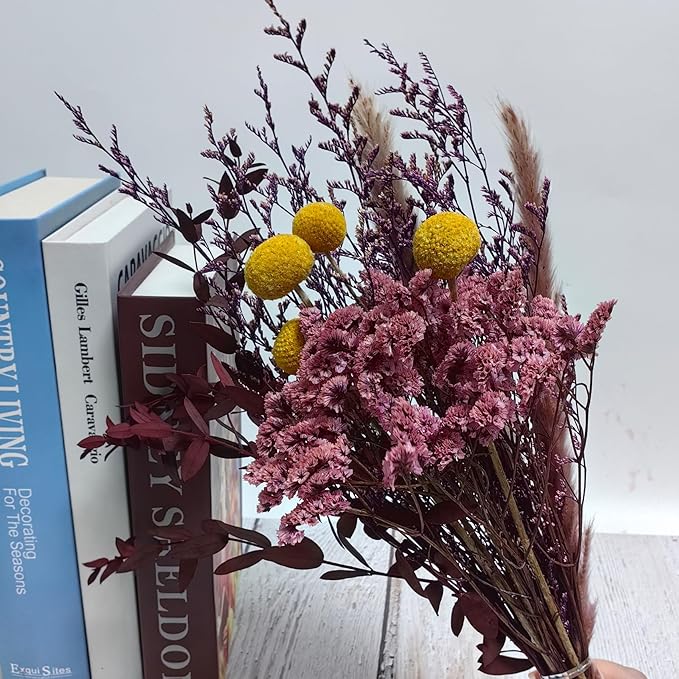 L'BREVOGA Dried Flower Bouquet - Caspia,Rose, Billy Ball, Gypsophila - 15 Inches, Unique Design (Purple)