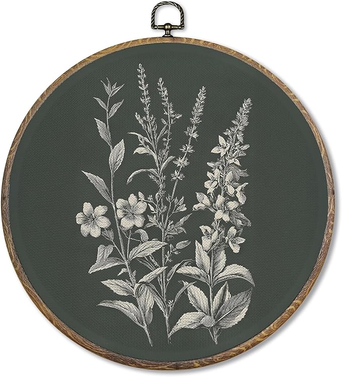 FUGWN Vintage Floral Botanical Round Wall Art Decor Framed, Rustic Cottagecore Wildflower Canvas Artwork Prints, Retro Floral Wall Hanging Decorations for Home Bedroom Living Room, 10x10 Inch