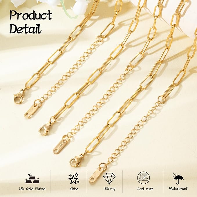 10PCS 18inch Gold Paperclip Charm Necklace for Women with 37PCS Charm 45PCS O-Rings for Jewelry Making Stainless Steel Filled 18K Gold Plated Adjustable Link Chain Necklaces