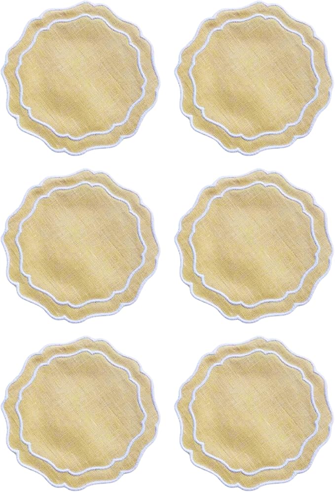 Drink Coasters Set of 6, 6x6 inch, Absorbent Linen Drink Mats with Scalloped Edge, Reusable Handmade Coffee Coasters for Home Decor & Tabletop Protection & Gift Giving (Butter)