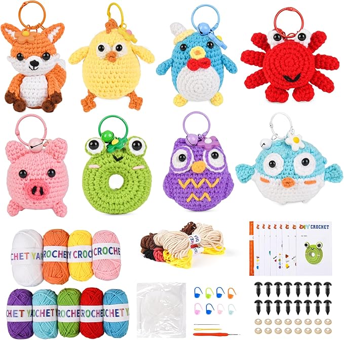 Yayvokuv 8Pcs Crochet Kit for Beginners, 2026 Gift for Crochet Lovers, DIY Craft for Adults and Kids, Crocheting Animal Kits with Step by Step Videos, Yarn, Crochet Hook, Birthday Holiday Gift (Pink)