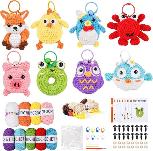 Yayvokuv 8Pcs Crochet Kit for Beginners, 2026 Gift for Crochet Lovers, DIY Craft for Adults and Kids, Crocheting Animal Kits with Step by Step Videos, Yarn, Crochet Hook, Birthday Holiday Gift (Pink)