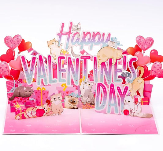Happy Valentines Day Cats Pop Up Card, Hearts, Presents, Valentine's Day, Love 3D Popup Greeting Cards, Lovely Gifts for Wife, Husband, Lovers, Kids, 5x7 - Includes Envelope And Message Note