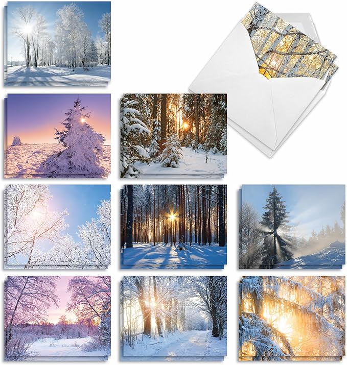The Best Card Company - 20 Landscape Nature Note Cards Blank (4 x 5.12 Inch) (10 Designs, 2 Each) - Winter Sunrise AM6655OCB-B2x10