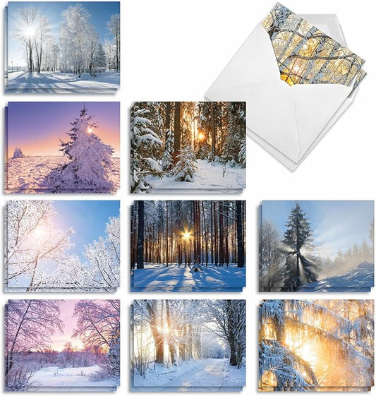 The Best Card Company - 20 Landscape Nature Note Cards Blank (4 x 5.12 Inch) (10 Designs, 2 Each) - Winter Sunrise AM6655OCB-B2x10
