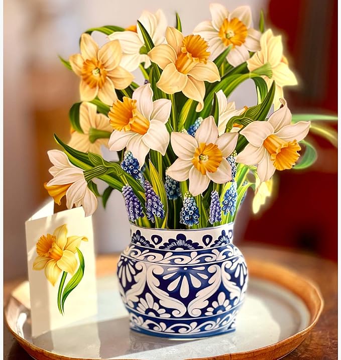 Freshcut Paper Pop Up Cards, English Daffodils, 12 Inch Life Sized Forever Flower Bouquet 3D Popup Greeting Card, Birthday Cards, Get Well Gifts, Blank Notecard & Envelope