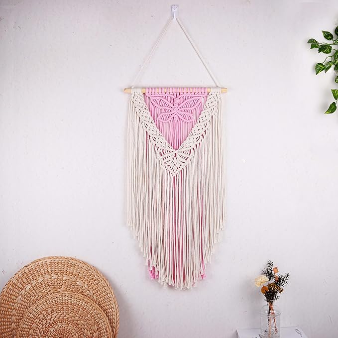 LB Macrame Wall Hanging, Pink Butterfly Tapestry Wall Hanging Decor Boho Art Wall Decor Bohemian Handmade Yarn Macrame Wall Art for Living Room Apartment Office Backdrop,13" W x 25.6" L