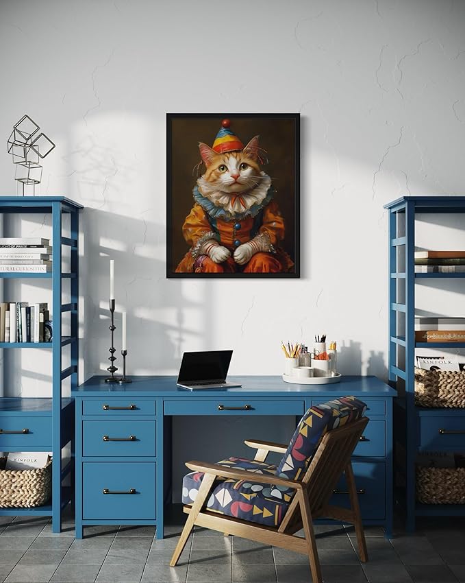 Clown Portrait Art Poster Print, Cat Kitten Painting Humor Portrait Pet Artwork Decor Gallery A8 (11 x 14 inches, Black Frame)