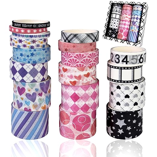 Washi Tape Set, 18 Rolls Washi Stickers, Assorted Sizes, for Junk Journal Scrapbook Tape, Bullet Journaling Scrapbooking Supplies, Planner Sticker DIY Craft DéCor (Pattern)