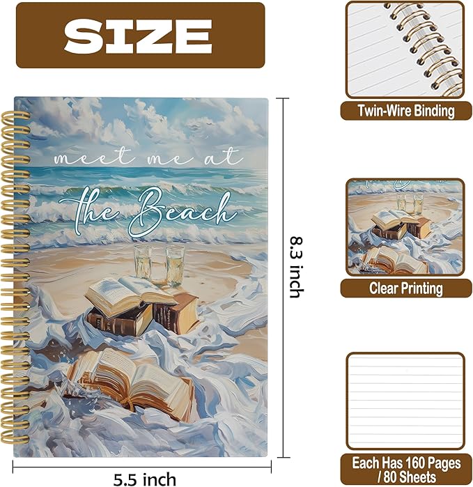 Coastal Beach Notebook, Watercolor Meet Me at the Beach Ocean Aesthetic Journal Notebooks, Ocean Themed Office School Supplies, Hardcover Spiral Notebook 5.5x8.3 Inch