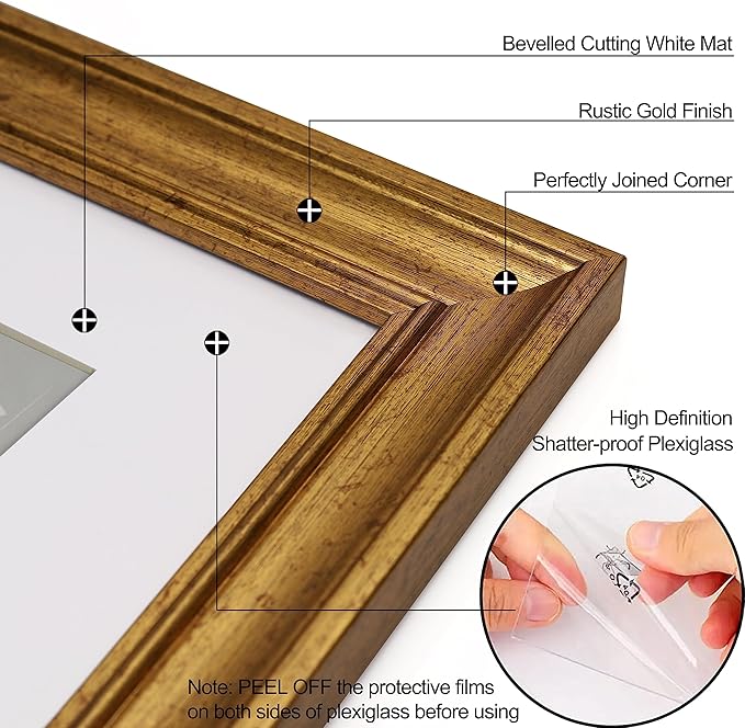 Yaetm 16x20 Picture Frame Matted to 11x14 Set of 2, 1.4” Wide Molding & Rustic Gold Poster Frames 16 x 20 for Wall Gallery, Home and Office, Wall Mount (2 pack, Gold)
