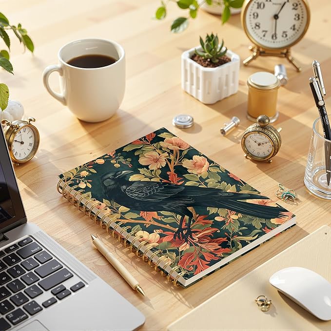 Gothic Dark Crow Notebook, Cottagecore Floral Raven Nature Journal, Raven Gifts for Women, Gothic Dark Academia Witchy Crow Spiral Notebook Journal, Gothic Office Supplies, 5.5x8.3 Inch
