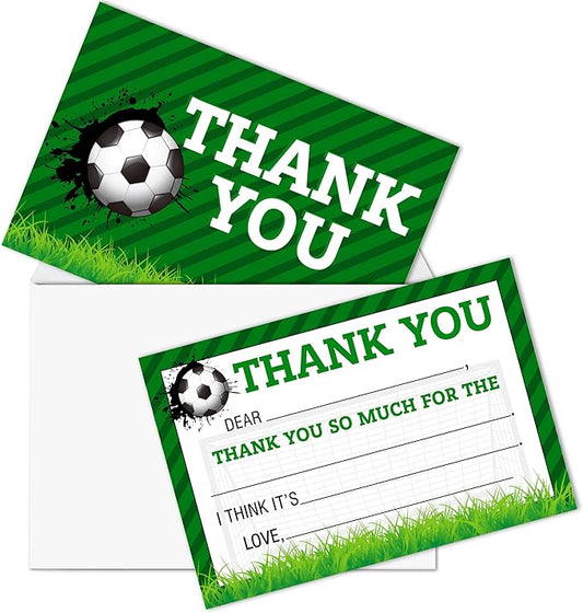 Soccer Kids Thank You Cards, Football Thank You Card For Soccer Birthday Party, Kids Birthday Cards Fill In The Blank, 20 Pack Green Greeting Cards With Envelopes For Boys And Girls, 007